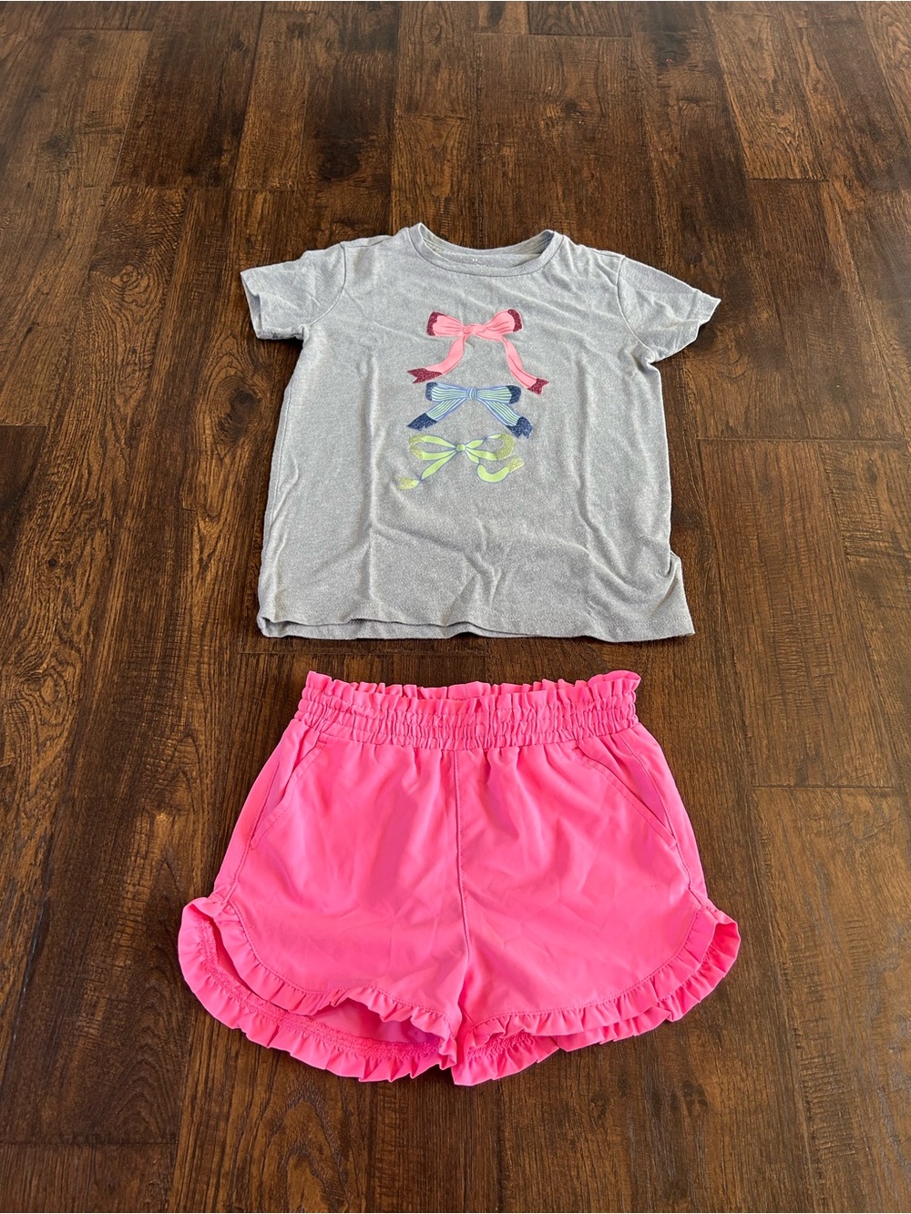 Crewcuts Gray Tee with Multicolor Bow Graphics & Bright Pink Ruffle Shorts